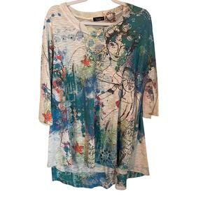 Inoah Size L Art to Wear Abstract Figural Print Knit Tunic Top Wearable Art